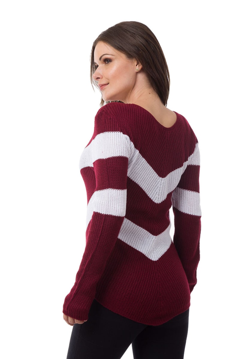 Blusa Pink Tricot(Tricô) Manga Longa Listrada em V Feminino Bordô com Branco