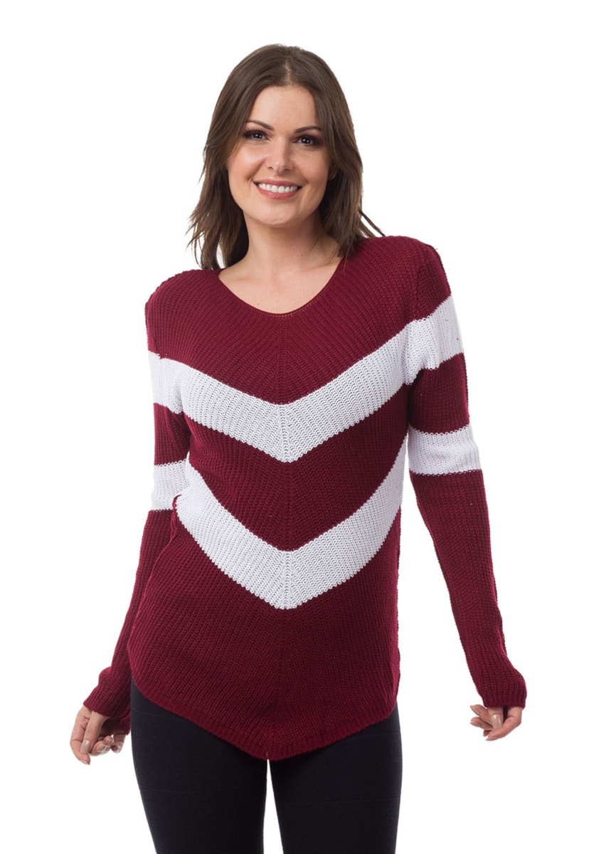 Blusa Pink Tricot(Tricô) Manga Longa Listrada em V Feminino Bordô com Branco