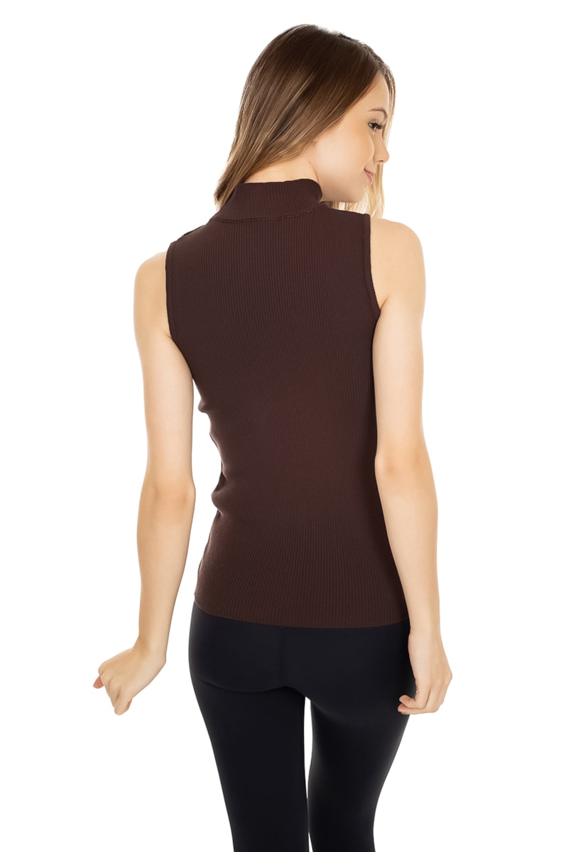 Blusa Pink Tricot(Tricô) Regata Canelada Gola Alta Feminino Marrom