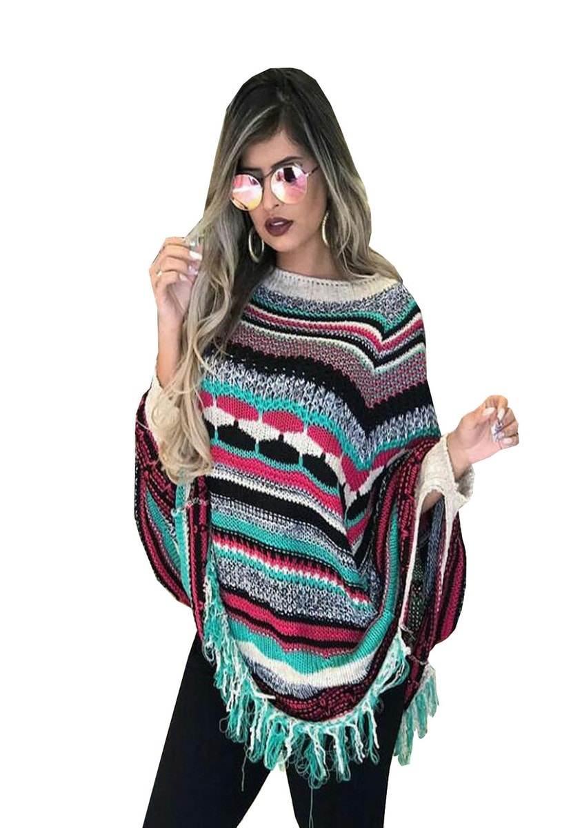 Blusa Poncho de Tricô Pink Tricot Casaco Listrado com Franjas Multicolorido