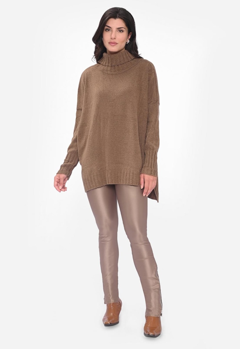 Blusa Poncho Gola Alta de Tricot Mousse Feminino Inverno Marrom