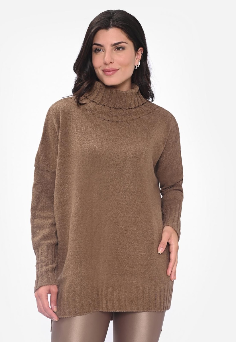Blusa Poncho Gola Alta de Tricot Mousse Feminino Inverno Marrom