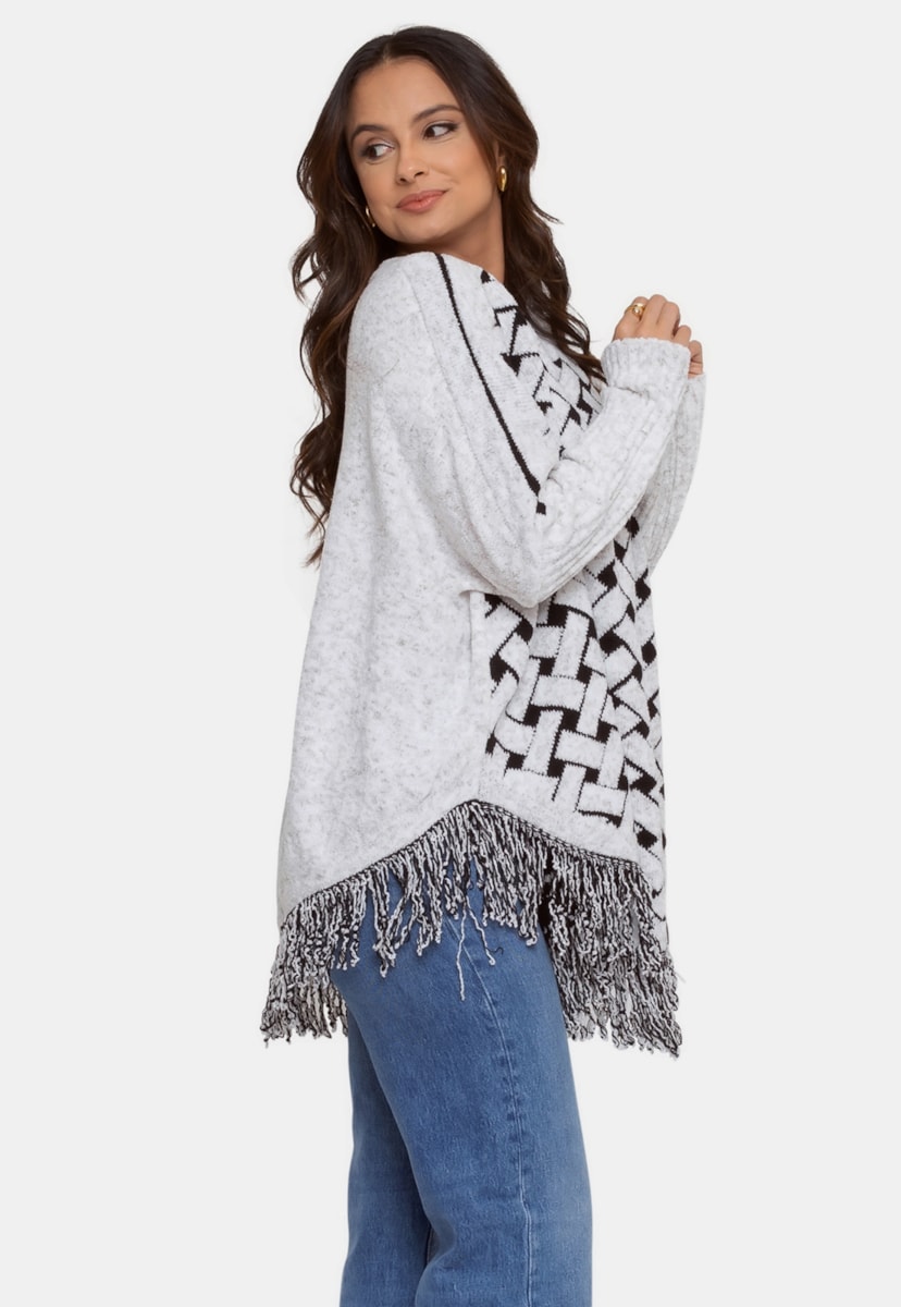 Blusa Poncho Pink Tricot Estampado de Tricô Mousse Feminino Branco
