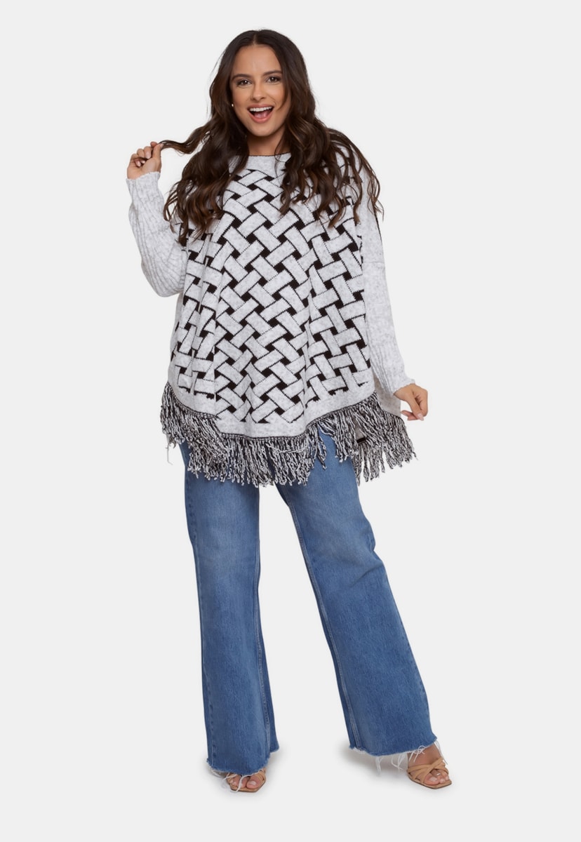 Blusa Poncho Pink Tricot Estampado de Tricô Mousse Feminino Branco