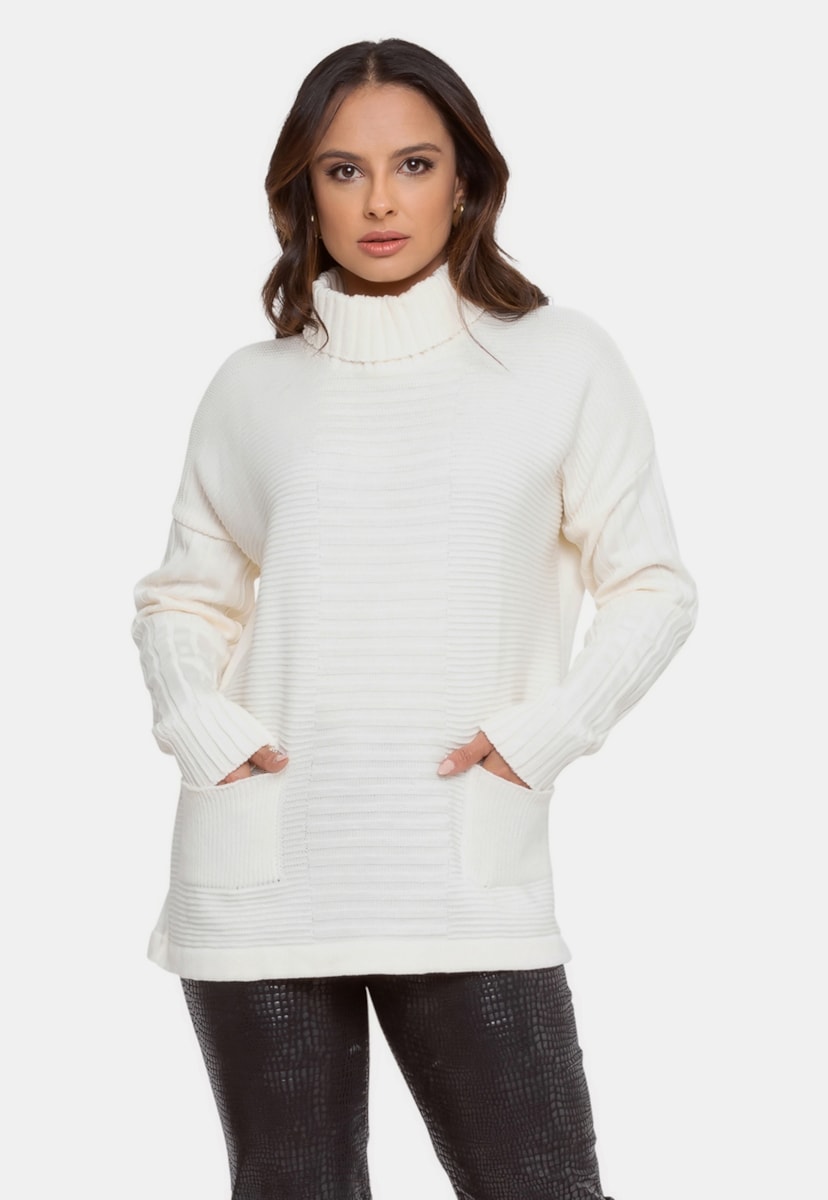 Blusa Poncho Pink Tricot Manga Longa de Tricô Feminino Off White