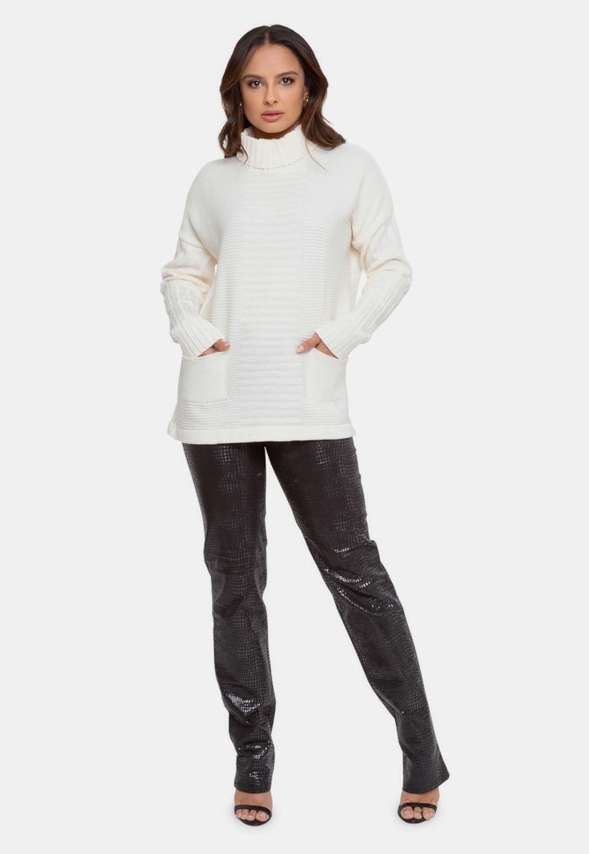 Blusa Poncho Pink Tricot Manga Longa de Tricô Feminino Off White