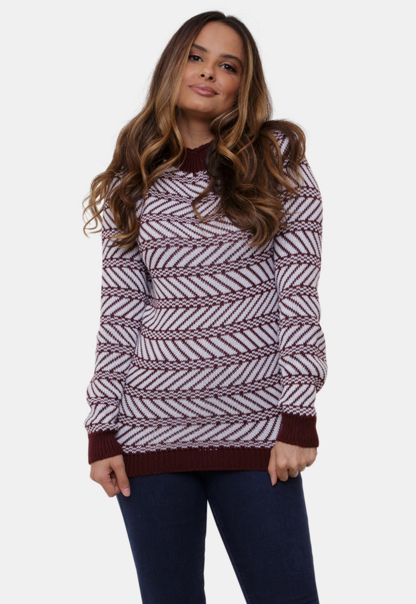 Blusa Rafa Pink Tricot Com Estampa Étnica E Gola Alta De Tricô Feminina Bordô/ Branco