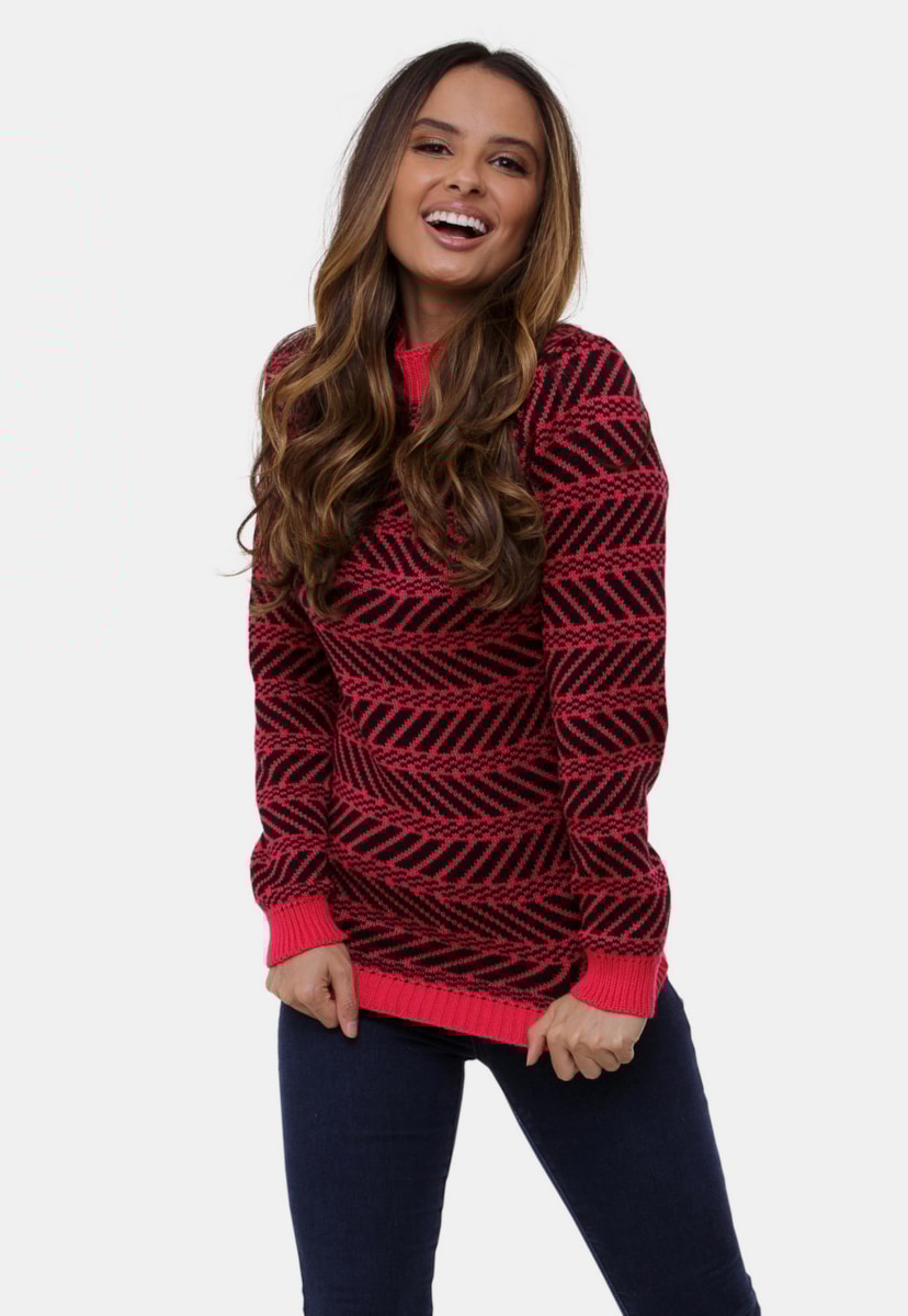 Blusa Rafa Pink Tricot Com Gola Alta De Tricô e Estampa Étnica Feminina Pink/Preto