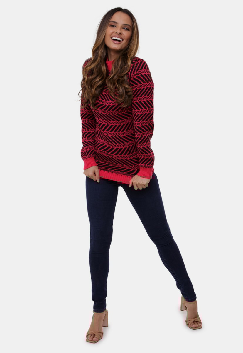 Blusa Rafa Pink Tricot Com Gola Alta De Tricô e Estampa Étnica Feminina Pink/Preto