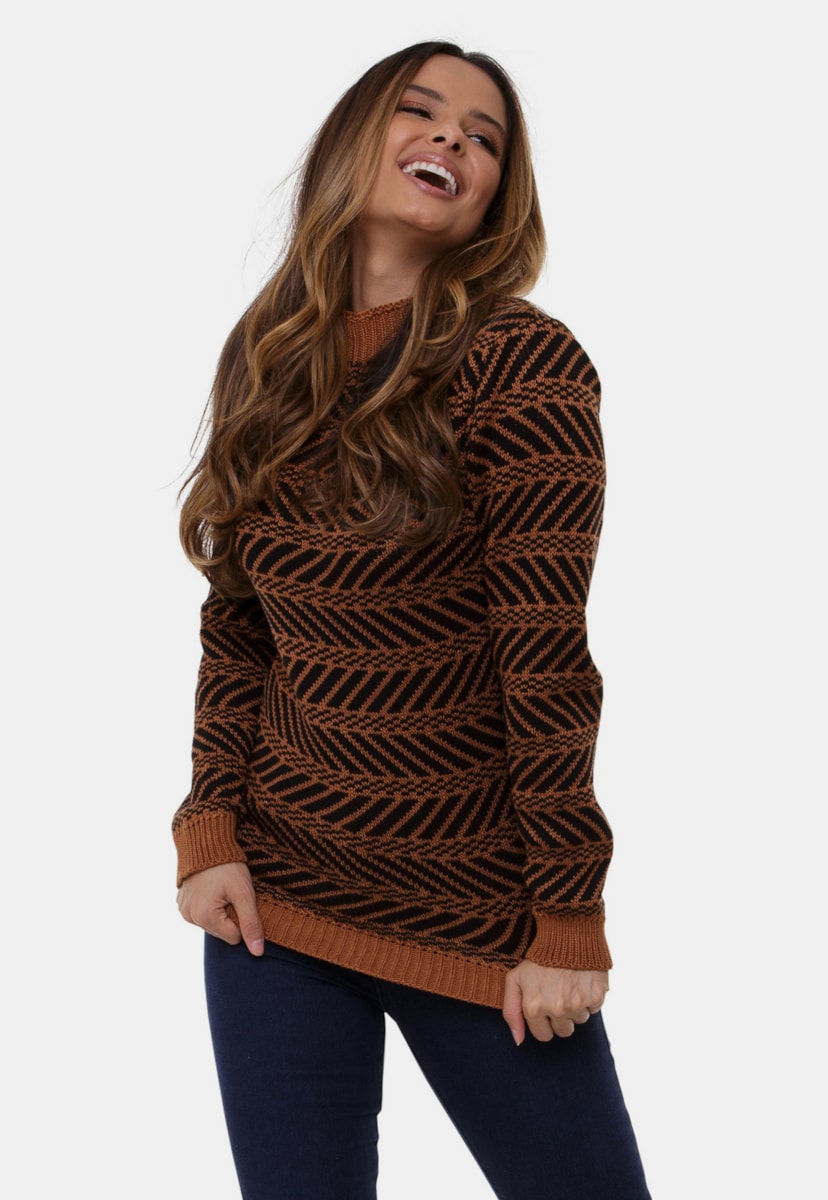 Blusa Rafa Pink Tricot Com Gola Alta e Estampa Étnica de Tricô Feminina Ferrugem/Preto