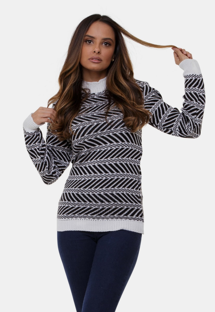 Blusa Rafa Pink Tricot De Tricô Com Gola Alta e Estampa Étnica Feminina Branco/Preto