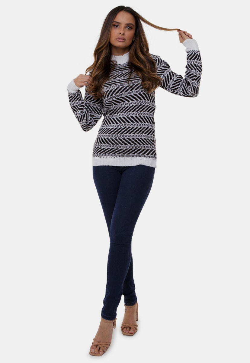 Blusa Rafa Pink Tricot De Tricô Com Gola Alta e Estampa Étnica Feminina Branco/Preto