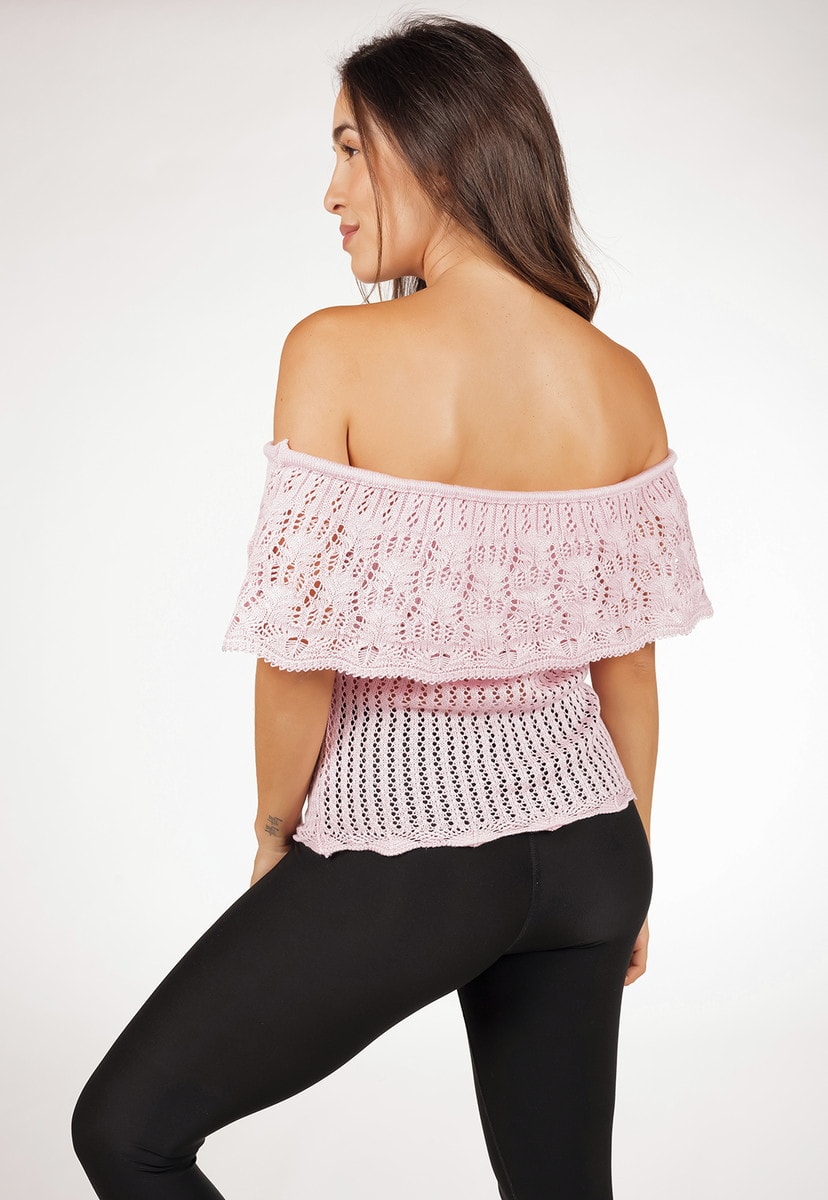 Blusa Regata Ciganinha Pink Tricot De Tricô Rendada Feminina Rosa Claro