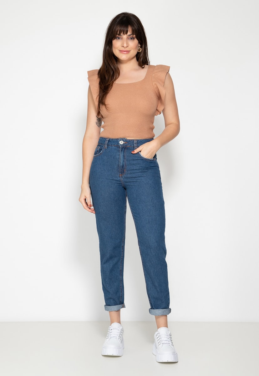 Blusa Regata com Babado na Alça de Tricot Modal Feminina Nude