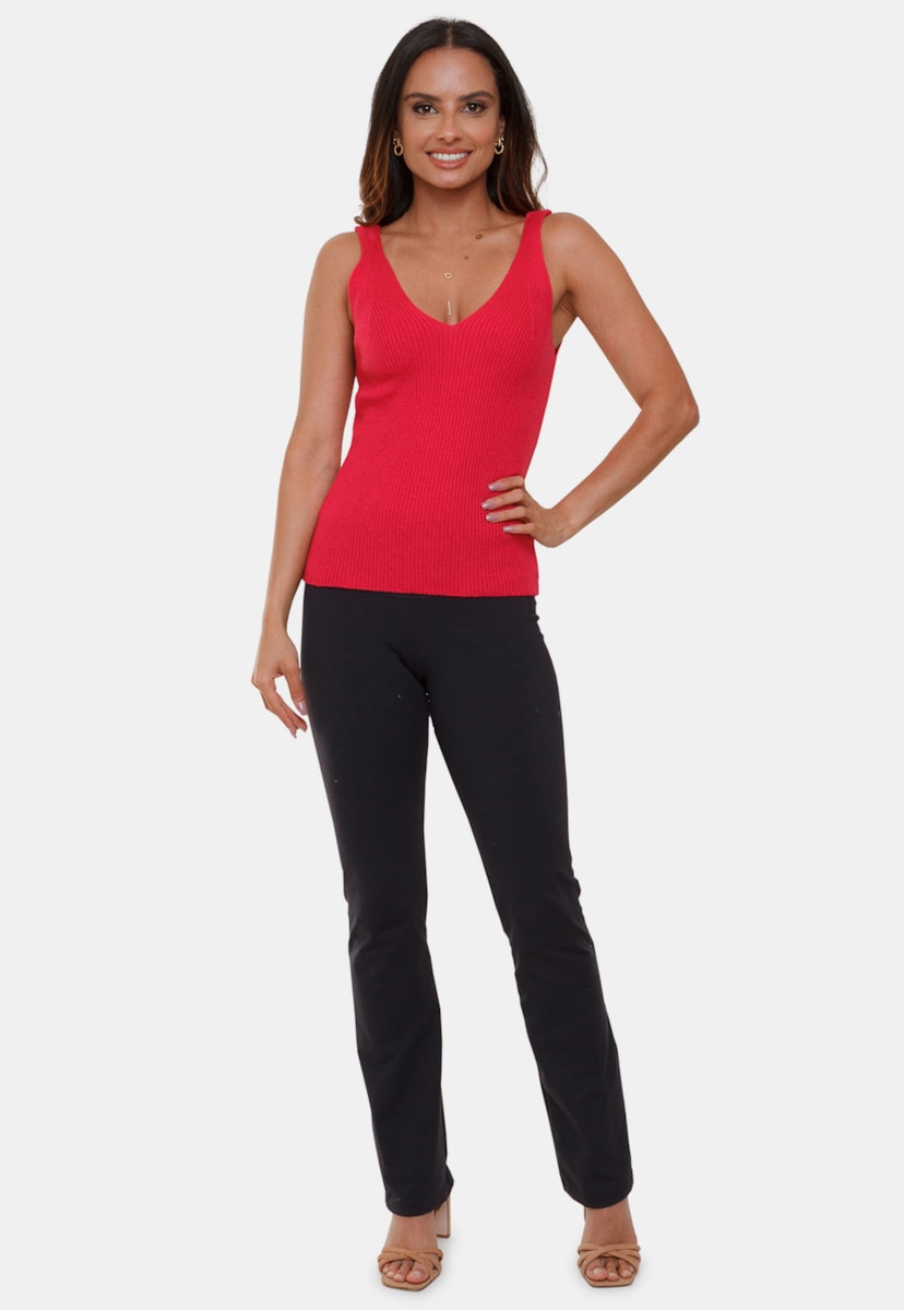 Blusa Regata De Tricô Pink Tricot Modal Canelada Decote V e Alças Carol Feminino Pink