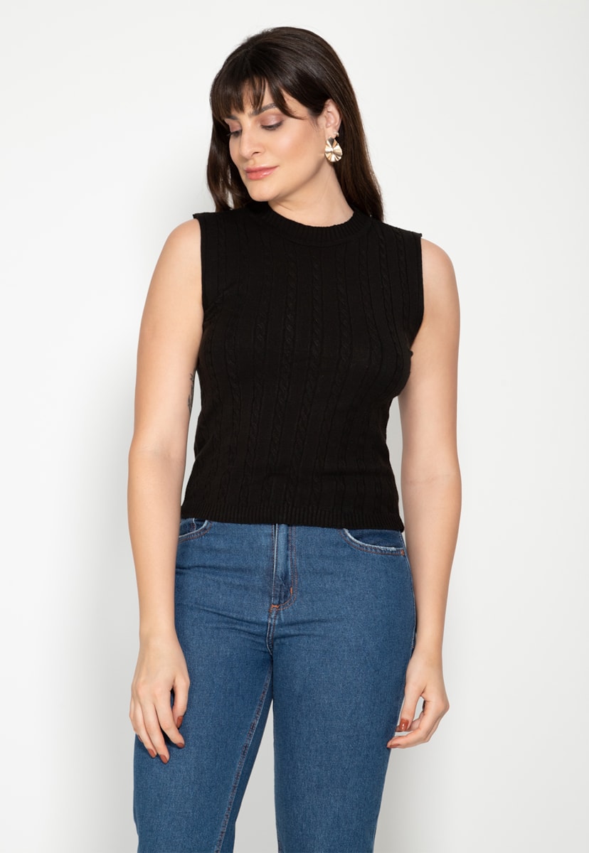 Blusa Regata de Tricô Trançado Básica Pink Tricot Feminina Preto