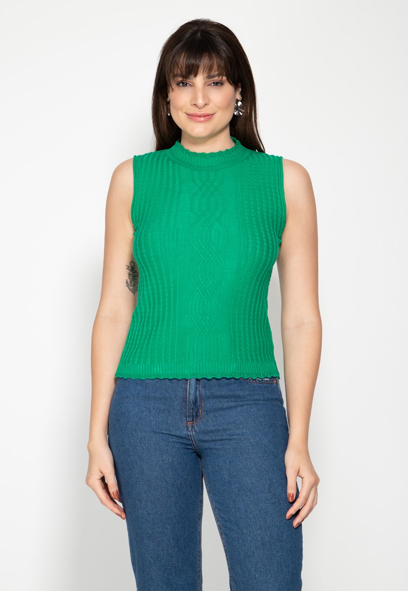 Blusa Regata de Tricot Modal com Trança no meio Feminina Verde