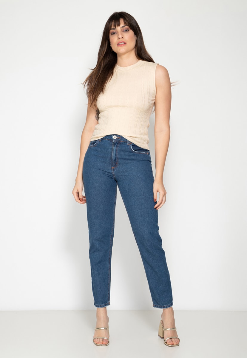 Blusa Regata de Tricot Trançado Decote Redondo Feminina Bege