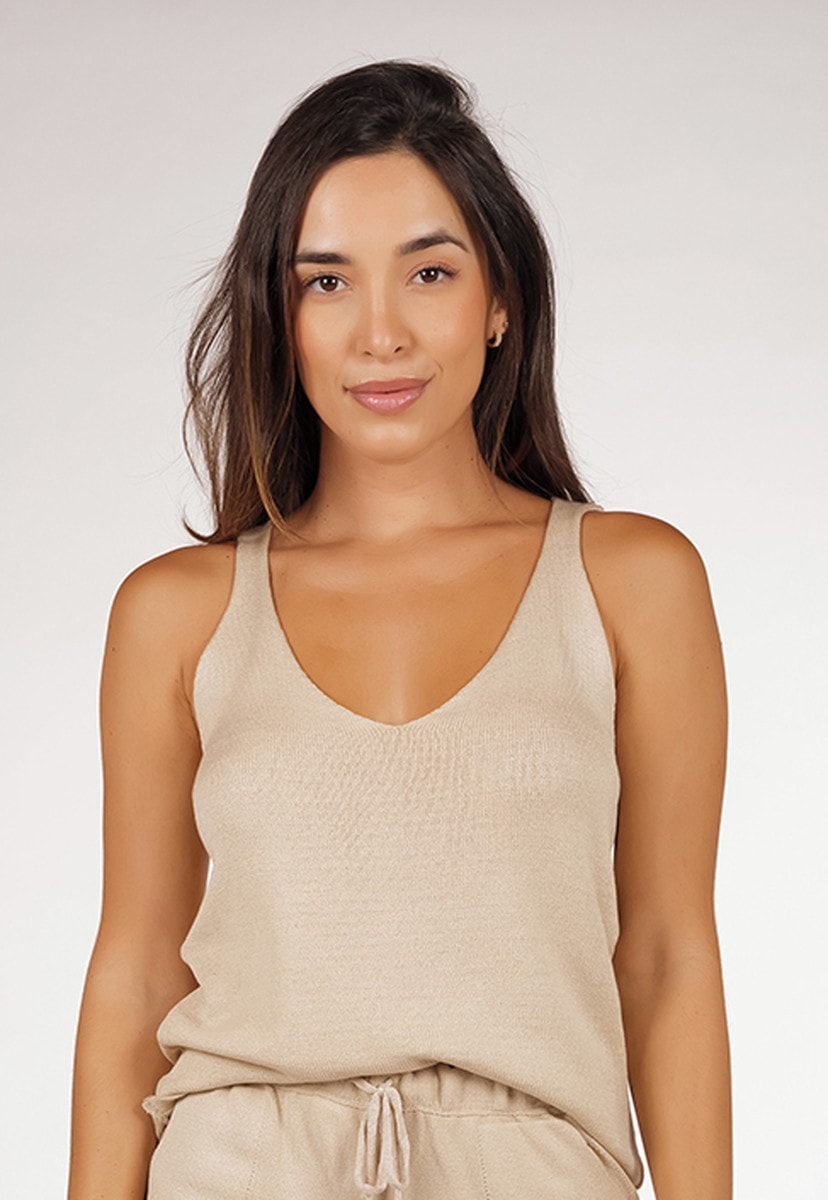 Blusa Regata Pink Tricot Básica Com Decote V De Tricô Modal Feminina Bege