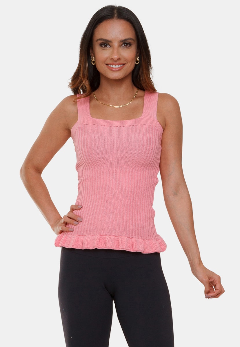 Blusa Regata Pink Tricot Bertha de Tricô Modal Canelado Peplum Alça Feminino Rosa Claro