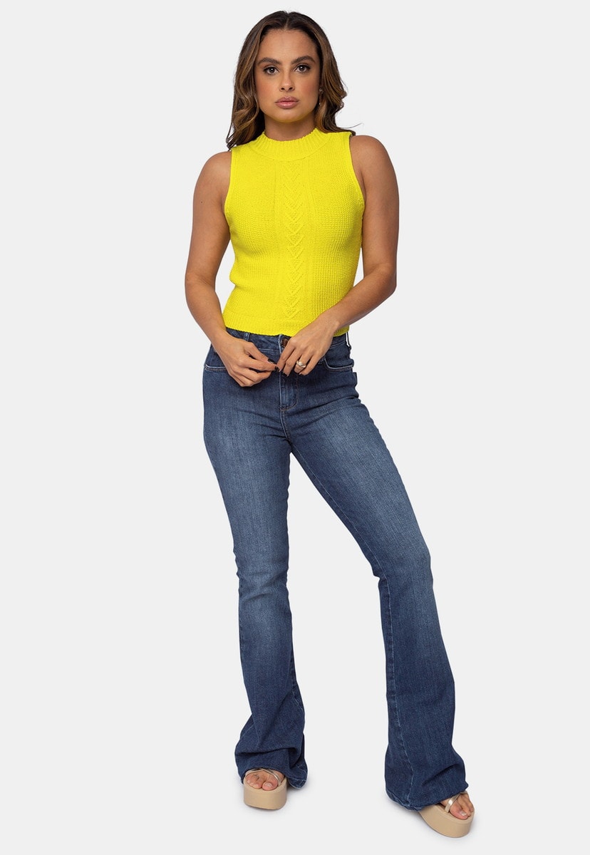 Blusa Regata Pink Tricot com Trança no meio de Tricô Modal Feminina Amarelo Arlete