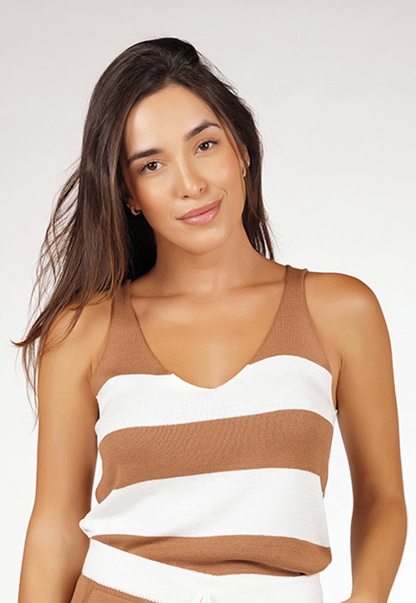 Blusa Regata Pink Tricot Comfy De Tricô Modal Listrada E Decote V Feminina Dourado/Branco