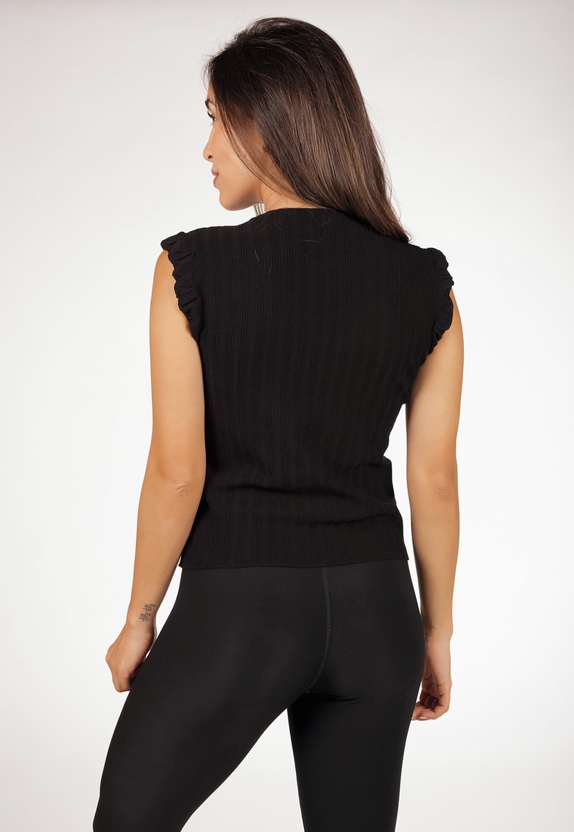 Blusa Regata Pink Tricot De Tricô Canelado Modal  Feminina Com Babado Preto