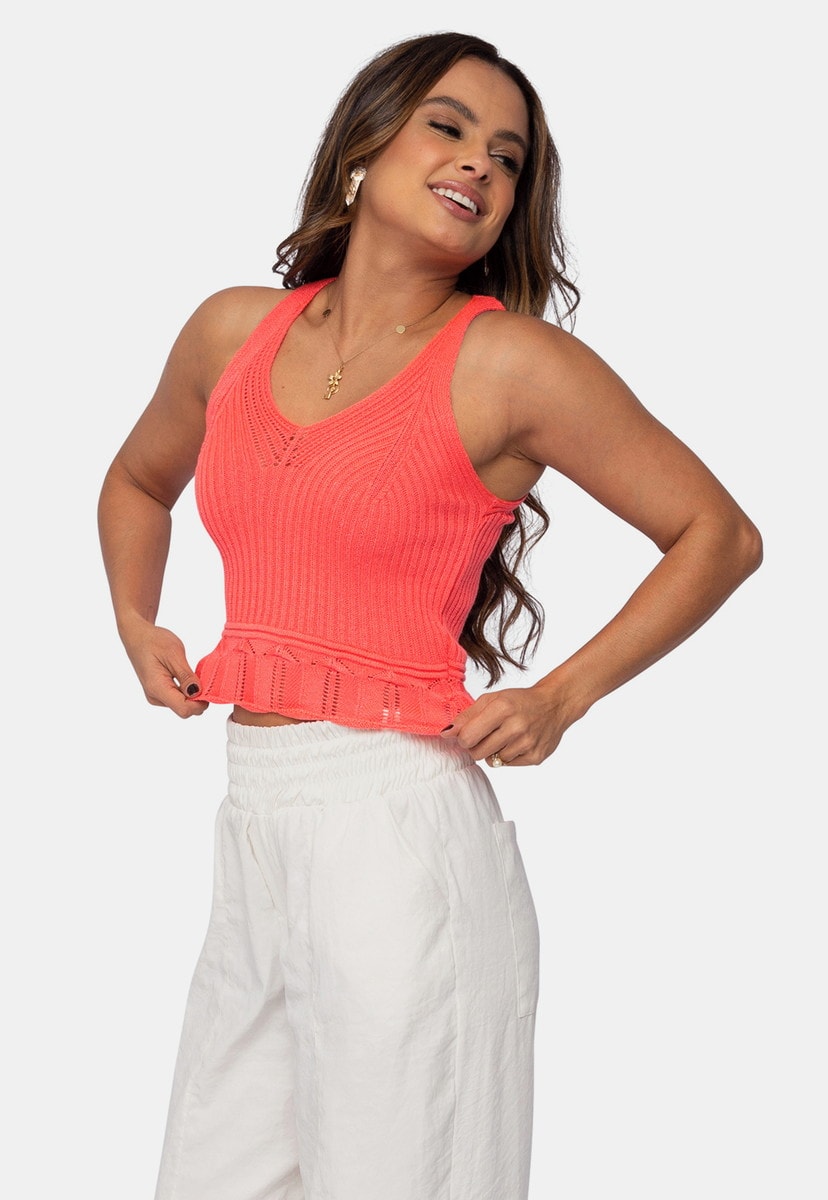 Blusa Regata Pink Tricot de Tricô Modal com Decote V Feminino Salmão Eva