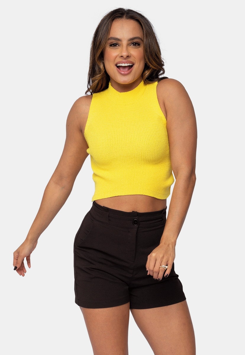 Blusa Regata Pink Tricot Decote Invertido de Tricô Modal Feminino Amarelo Alda