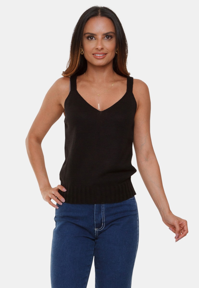 Blusa Regata Pink Tricot Tássia de Tricô Linha Ponto Fang e Alças Feminino Preto