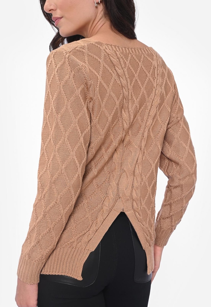 Blusa Sueter de Tricot Trança Manga Longa Feminina Inverno Dourado