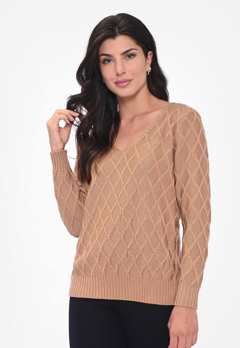Blusa Sueter de Tricot Trança Manga Longa Feminina Inverno Dourado