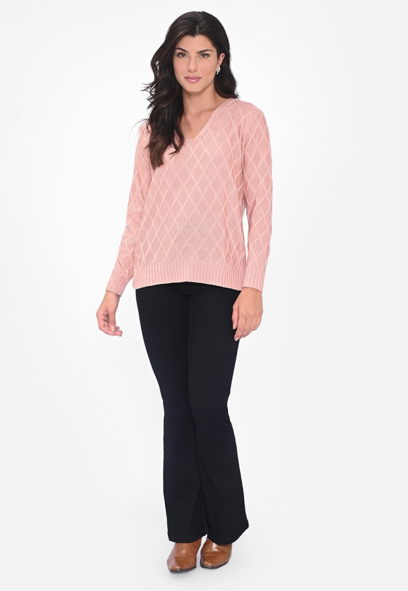 Blusa Suéter Manga Longa de Tricot Decote nas Costas Feminina Rosa
