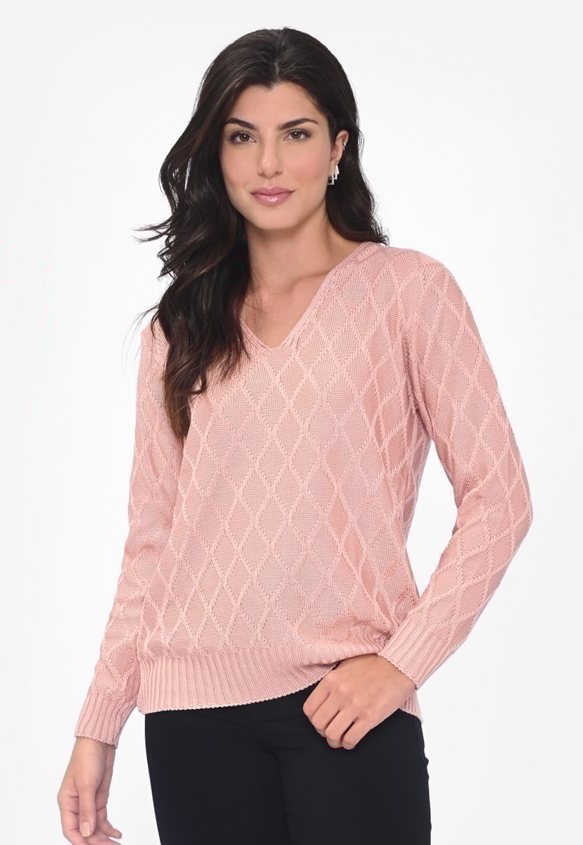Blusa Suéter Manga Longa de Tricot Decote nas Costas Feminina Rosa