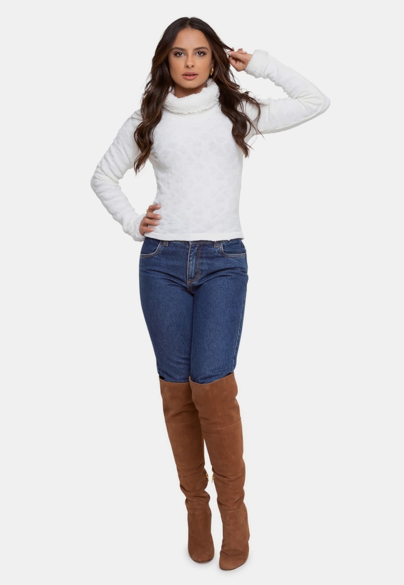 Blusa Sueter Pink Tricot Com Gola e Pele de Tricô Feminina Branca