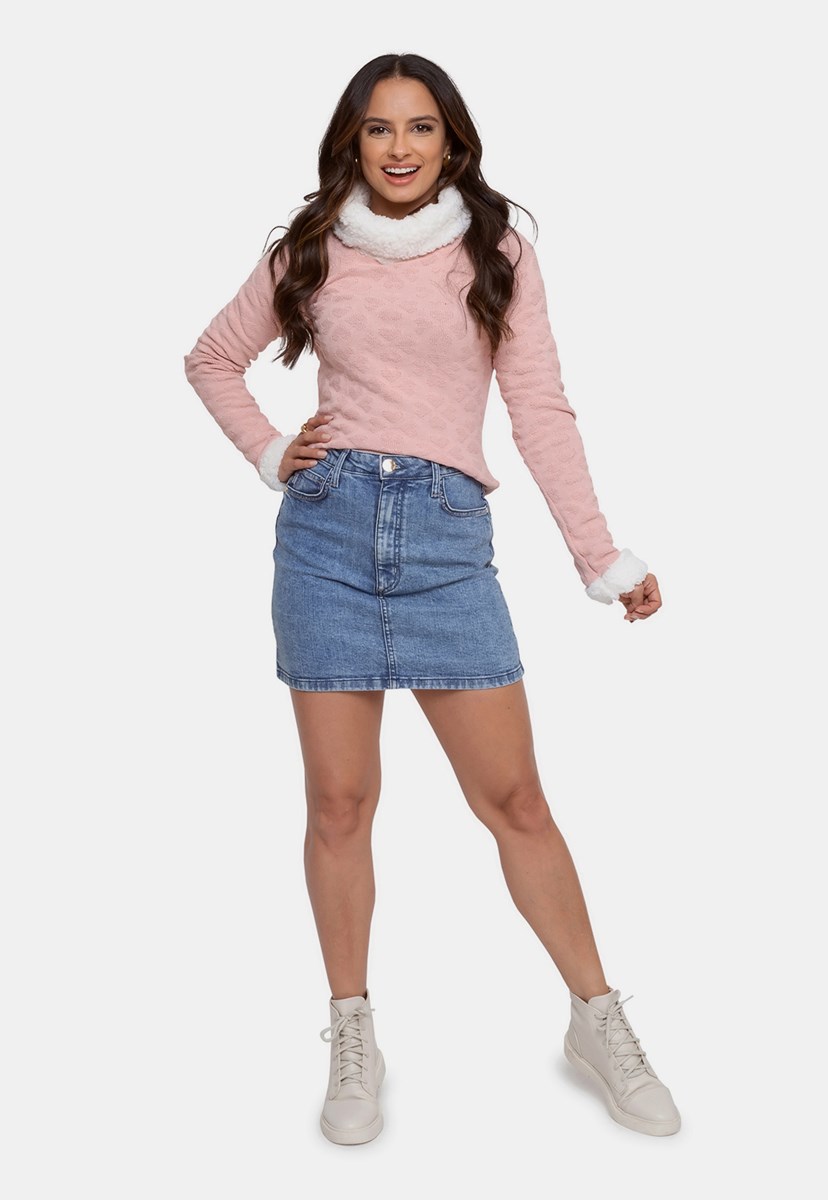 Blusa Suéter Pink Tricot Com Pele de Tricô Feminina de Frio Rosa