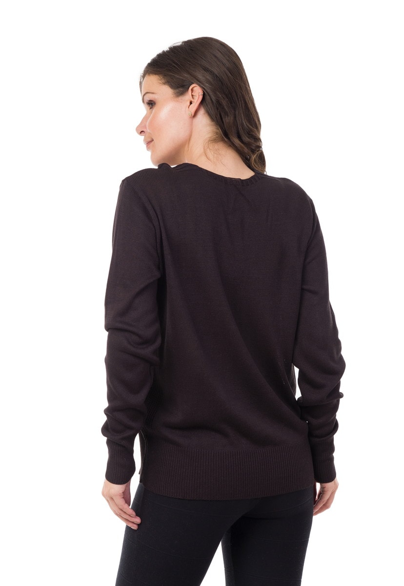 Blusa Suéter Pink Tricot(Tricô) Manga Longa Decote V com Ilhós Feminino Preto