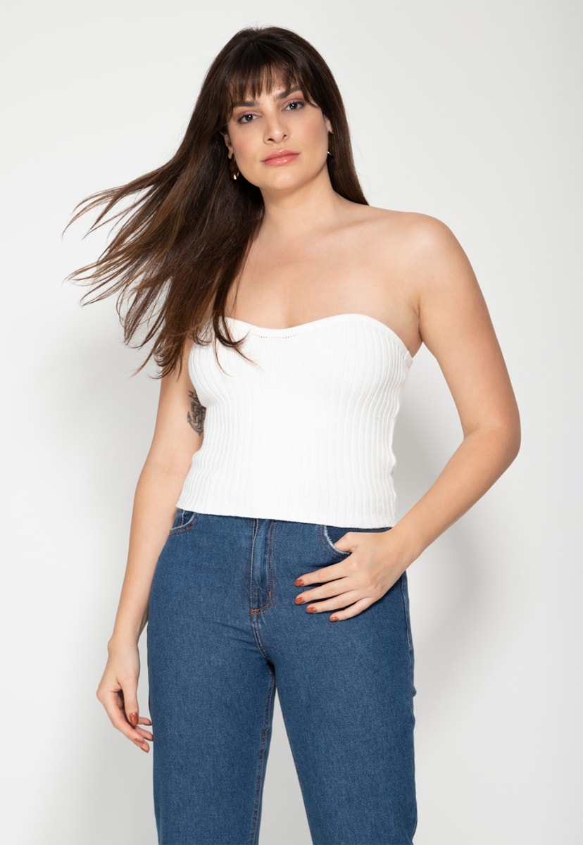 Blusa Top Sem Alça Decote Coração de Tricot Modal Feminino Branco