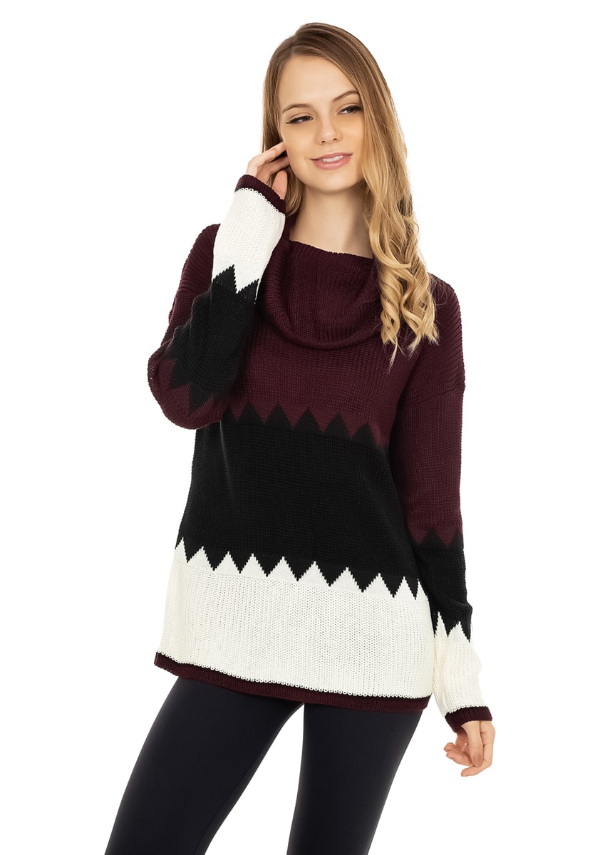 Blusa Tricô Multicolorida Pink Tricot Manga Longa Feminina Bordô