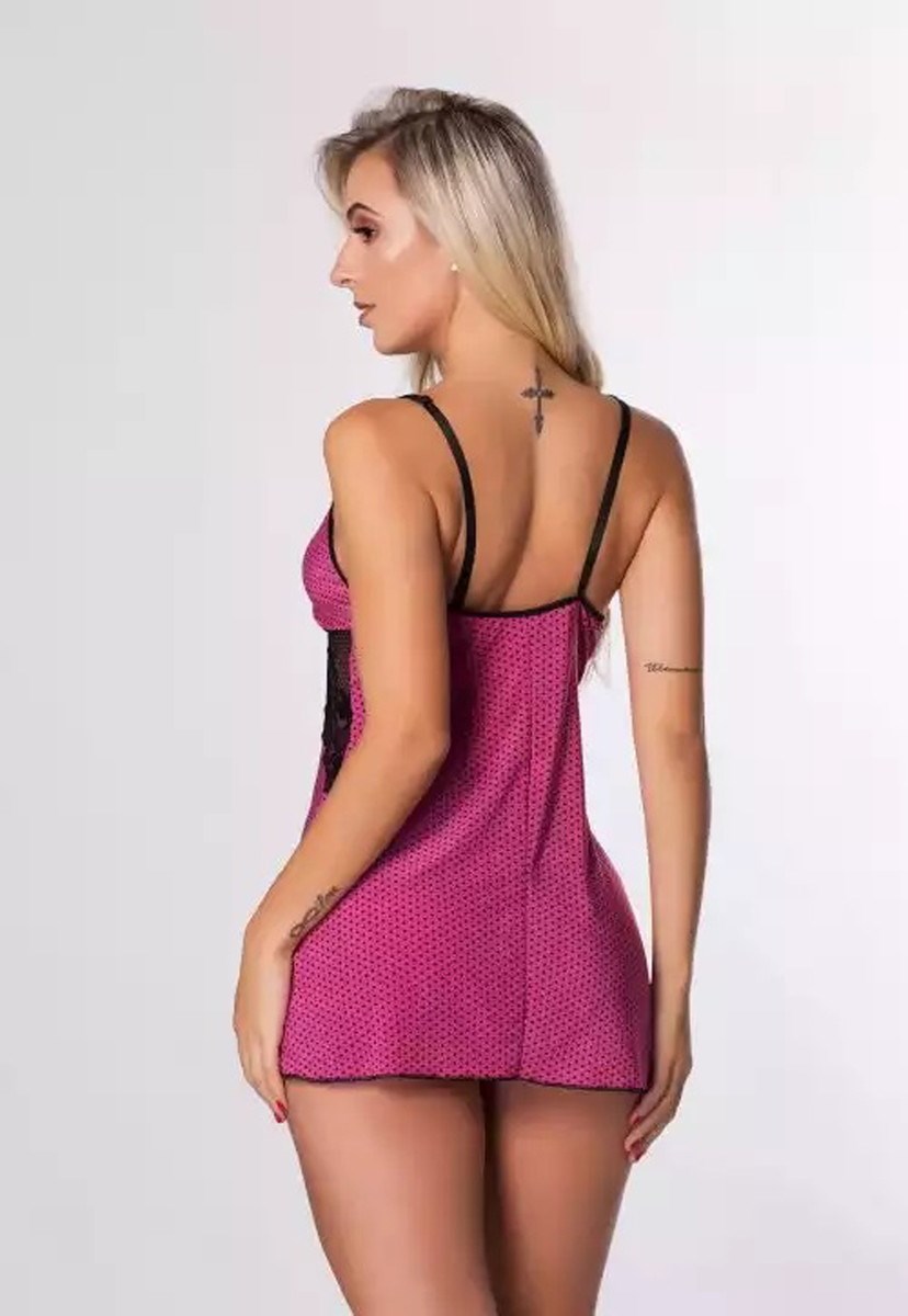 Camisola Pink Tricot Curta Decote V Liganete Com Detalhes Em Renda E Estampa Poá Feminino Pink/Preto