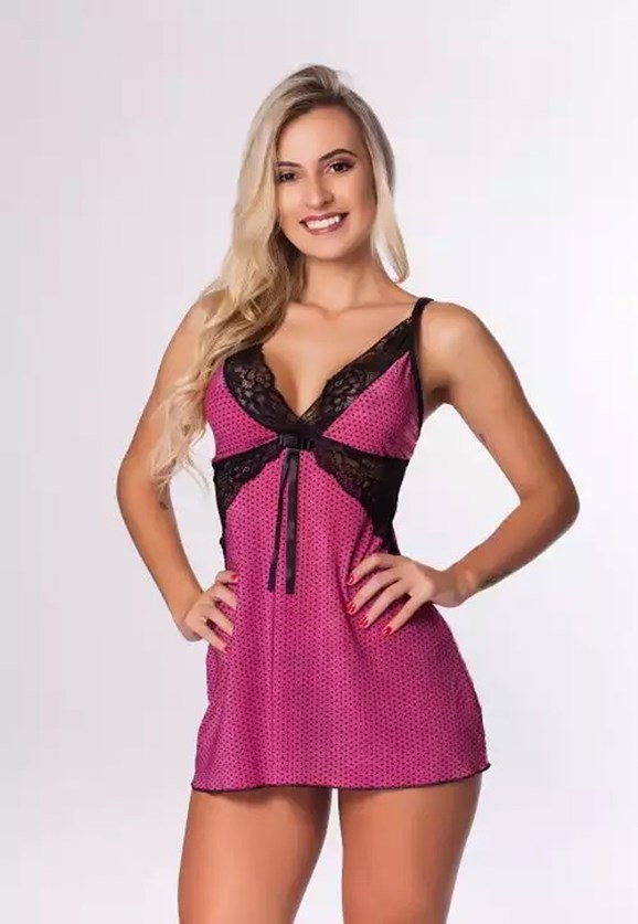 Camisola Pink Tricot Curta Decote V Liganete Com Detalhes Em Renda E Estampa Poá Feminino Pink/Preto