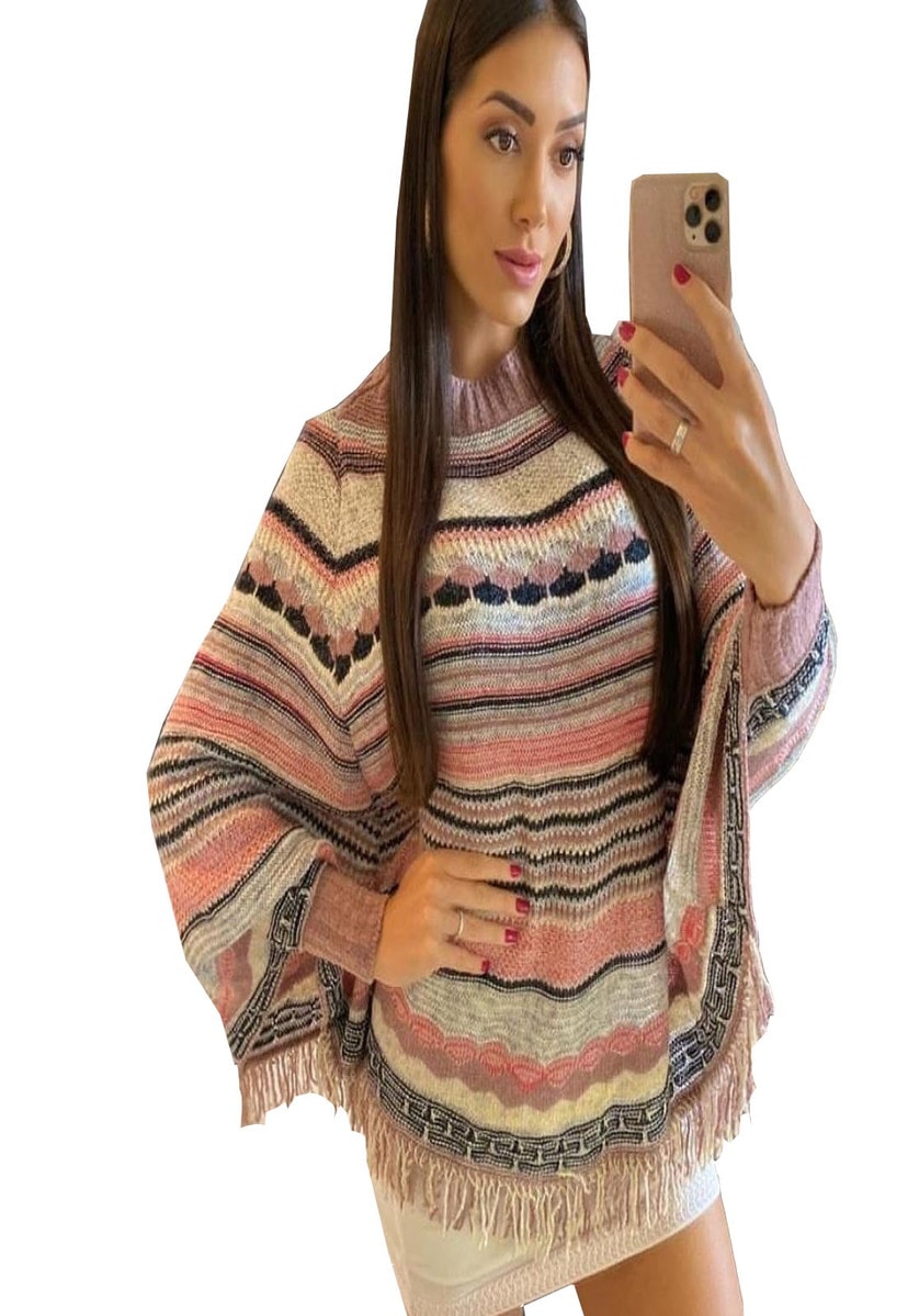 Capa Poncho de Tricô Pink Tricot Estampa Listrada com Franjas Multicolorido