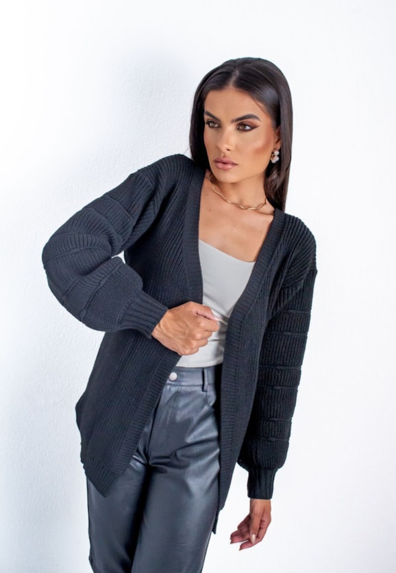 Cardigan Casaco de Tricot Fang Manga Bufante Feminino Preto