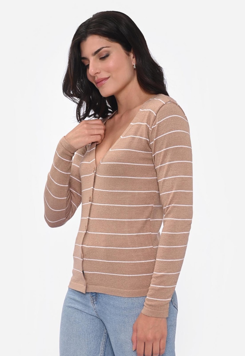 Casaco Cardigan de Tricot Feminino Modal Listras Feminino Caqui