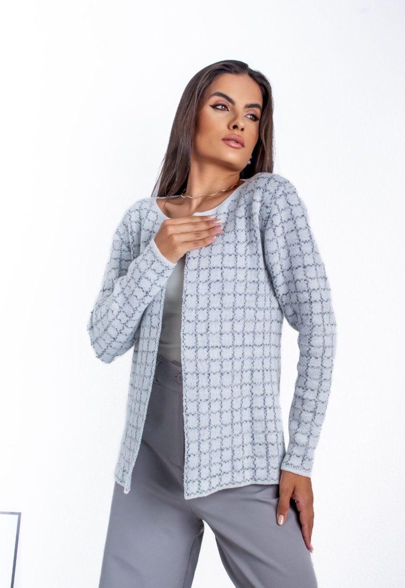 Casaco Cardigan de Tricot Mescla Geométrica Feminino Branco/Preto