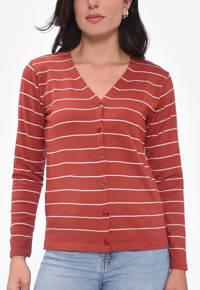 Casaco Cardigan Feminino de Frio de Tricot Modal Listrado Telha