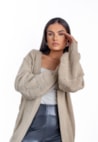 Casaco Cardigan Feminino de Tricot Oversized Manga Bufante Bege