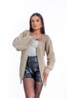 Casaco Cardigan Feminino de Tricot Oversized Manga Bufante Bege