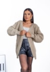 Casaco Cardigan Feminino de Tricot Oversized Manga Bufante Bege