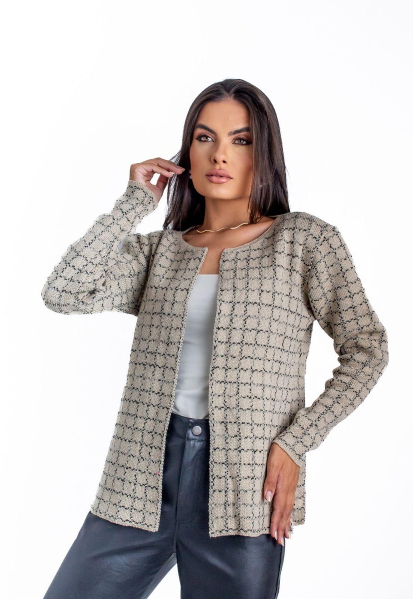 Casaco Cardigan Tweed de Tricot Mescla Estampado Feminino Bege